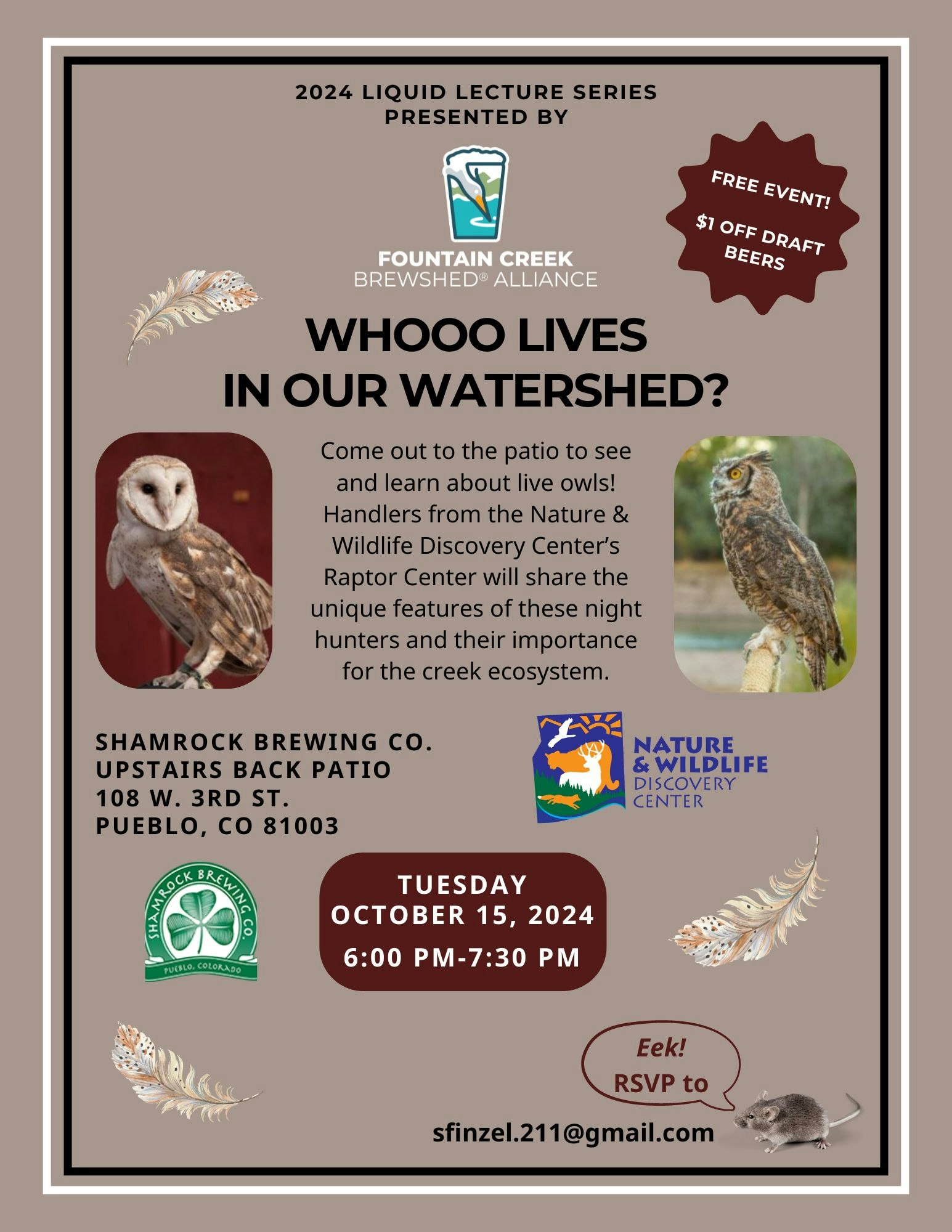 An event poster for a presentation about owls, "Whooo Lives in Our Watershed", scheduled for October 15, 2024, at Shamrock Brewing Co.