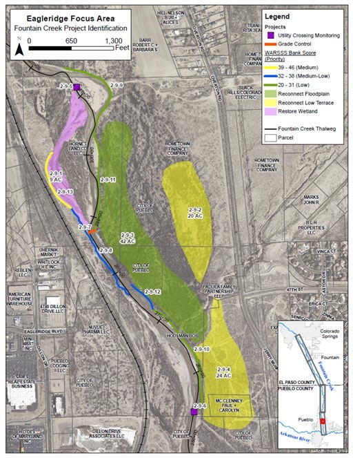 Map of the Eagleridge Focus Area project area with colored zones indicating different restoration scores and areas, with a legend and coordinates.