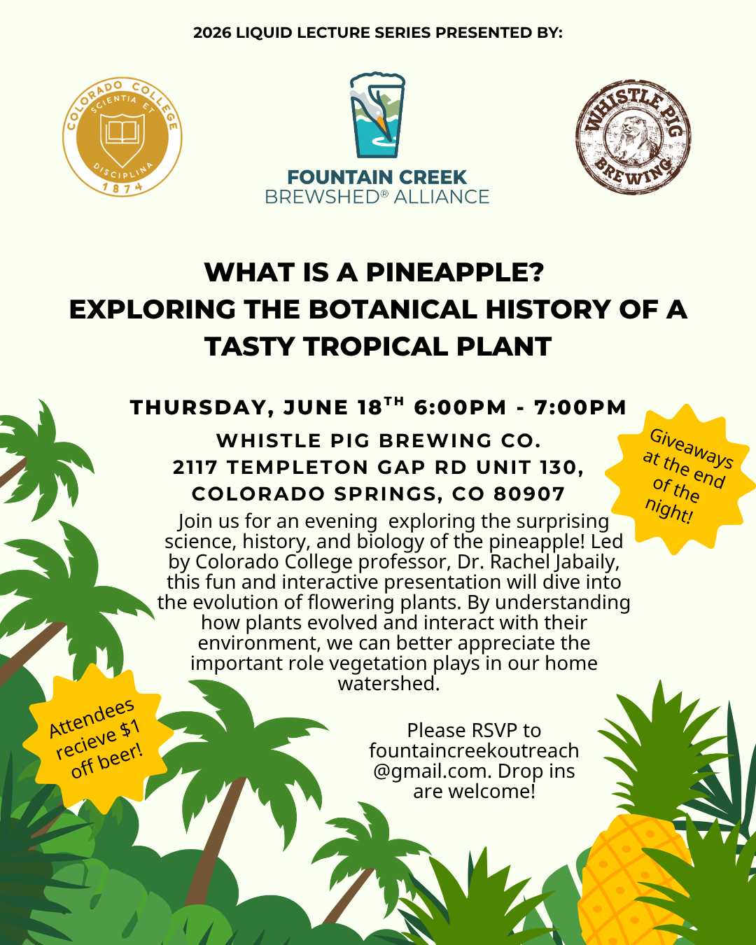Event on June 18 at Whistle Pig Brewing, Colorado Springs, exploring pineapple's botanical history with Dr. Rachel Jabaily.
