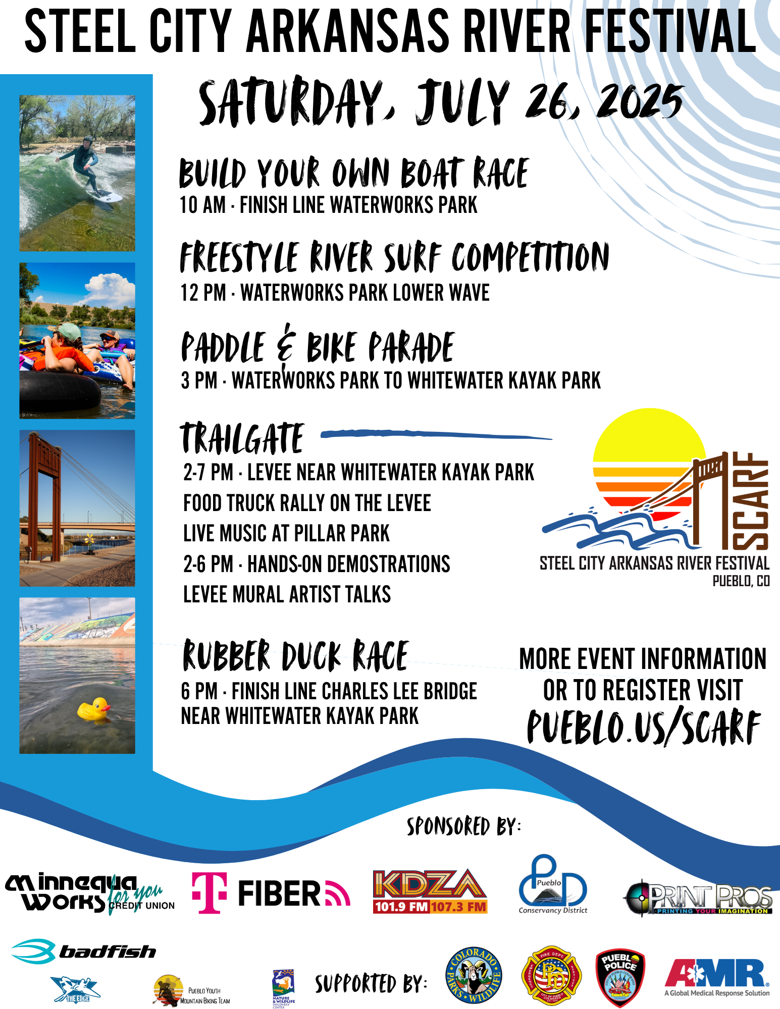 Steel City Arkansas River Festival on July 26, 2025, includes boat races, surf competition, parade, trailgate, and rubber duck race.