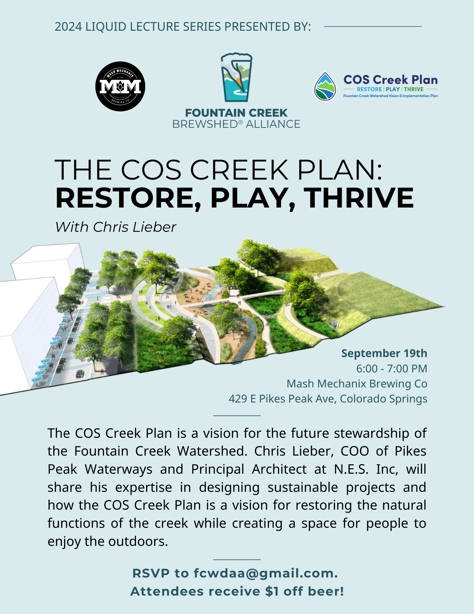 A poster for a lecture titled "The COS Creek Plan: RESTORE, PLAY, THRIVE" with event details, logos, and an RSVP email.