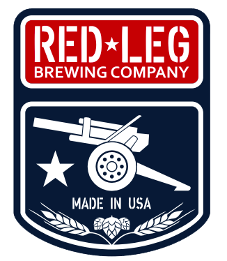 Logo of Red Leg Brewing Company featuring a cannon, star, wheat, and "Made in USA" text.