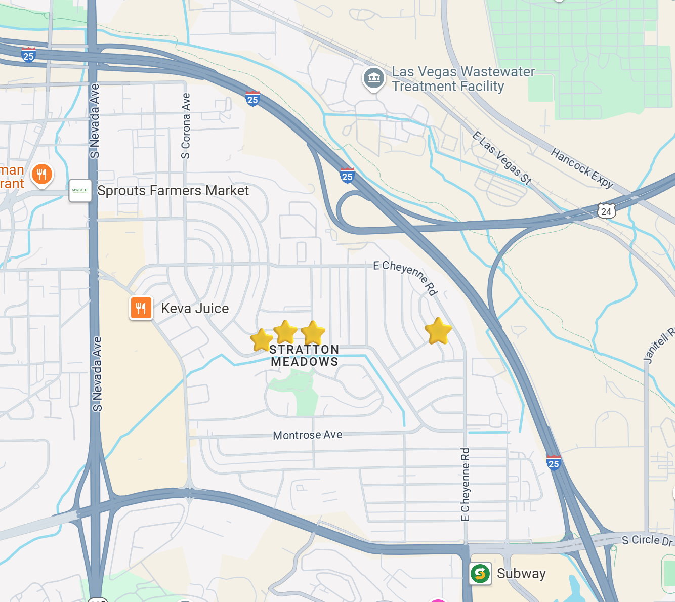 Map showing Stratton Meadows area with gold stars showing the location of residential raingardens in the neighborhood (as of Jun 2025)