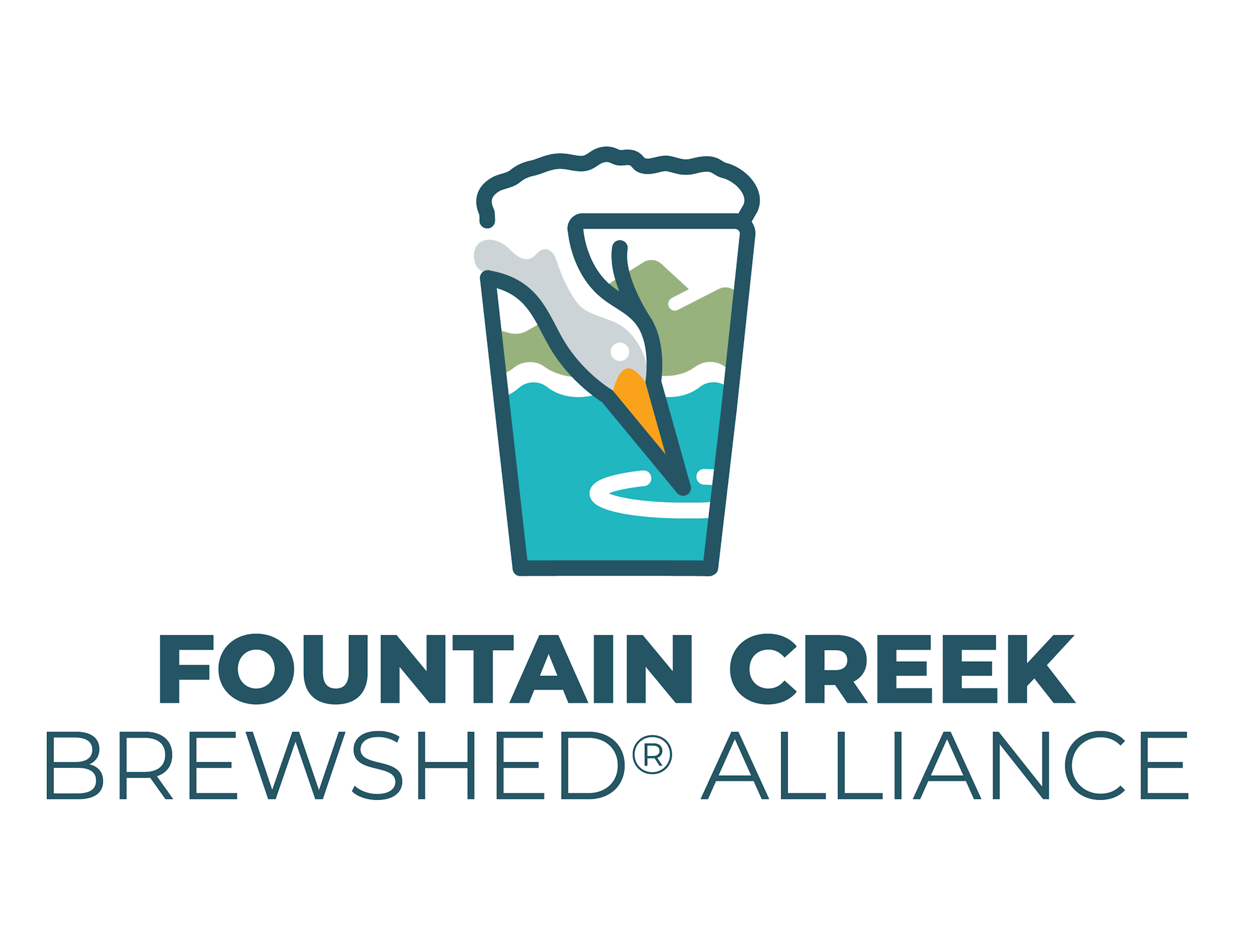 Logo with a pint glass, mountain and river illustration, reads "Fountain Creek Brewshed Alliance."