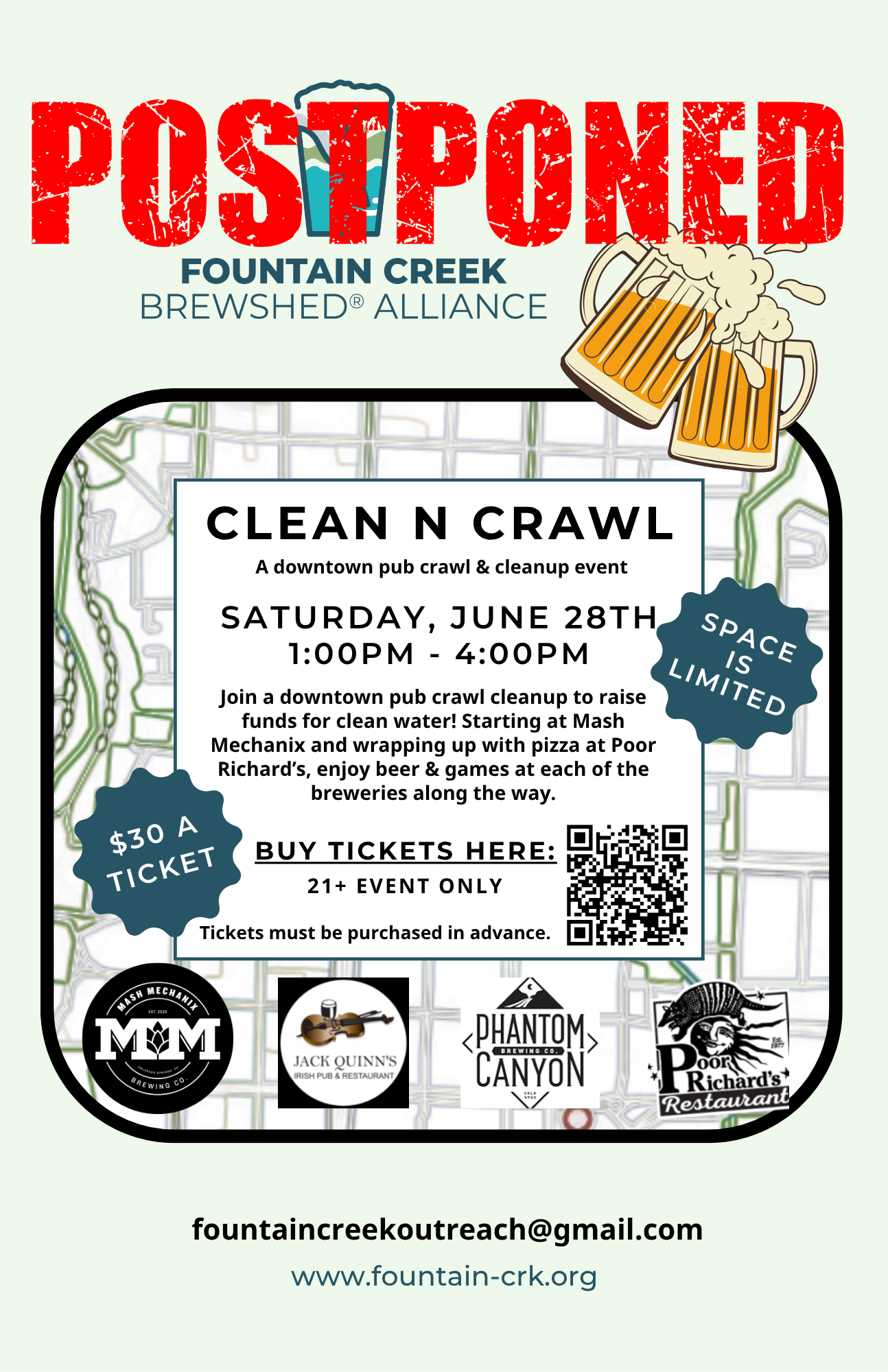 Postponed "Clean N Crawl" pub crawl and cleanup event, initially set for June 28, 1-4 PM, hosted by Fountain Creek Brewshed Alliance.