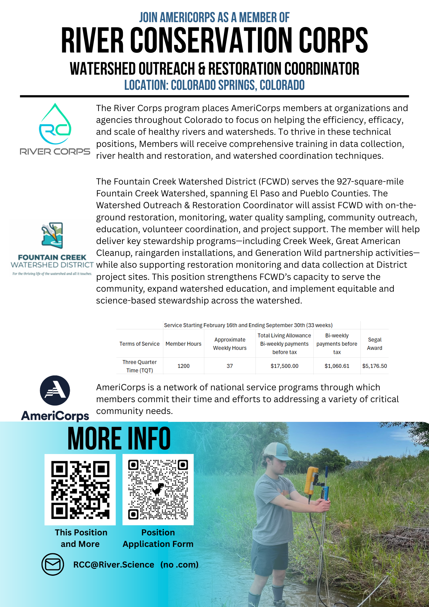 The image details an AmeriCorps position for a Watershed Outreach & Restoration Coordinator in Colorado Springs, focusing on river health and community education.