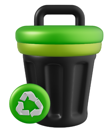 The image shows a trash can with a green lid and a recycling symbol beside it.