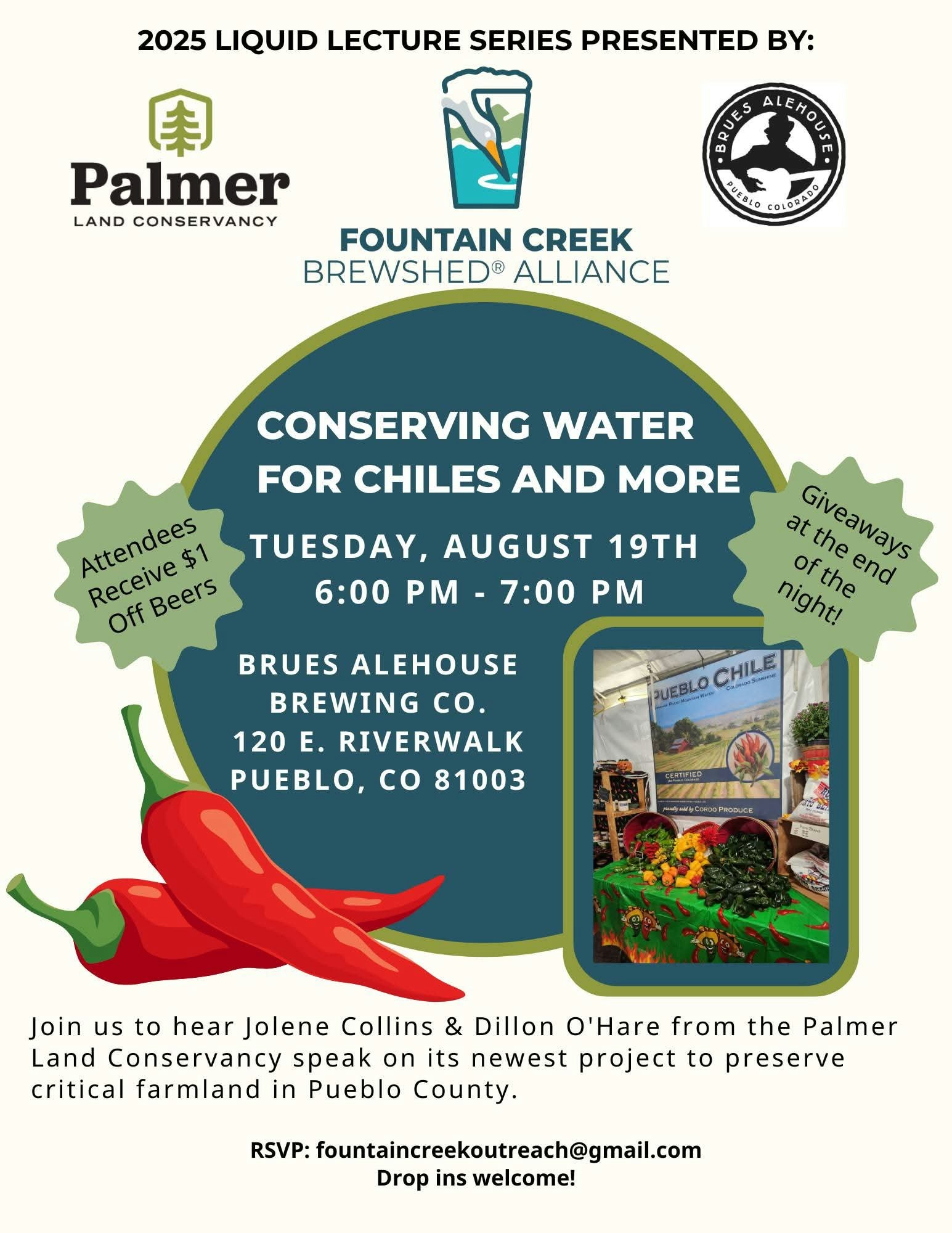 Lecture on water conservation for chiles, August 19th, 6-7 PM, Brues Alehouse, Pueblo, CO. $1 off beers, giveaways.