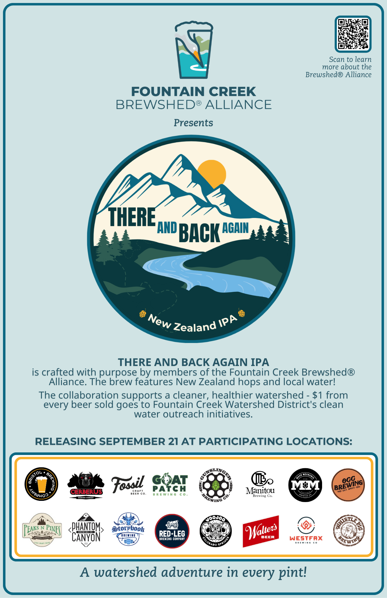 The image promotes "There and Back Again IPA," a New Zealand-style beer supporting clean water initiatives, launching September 21.