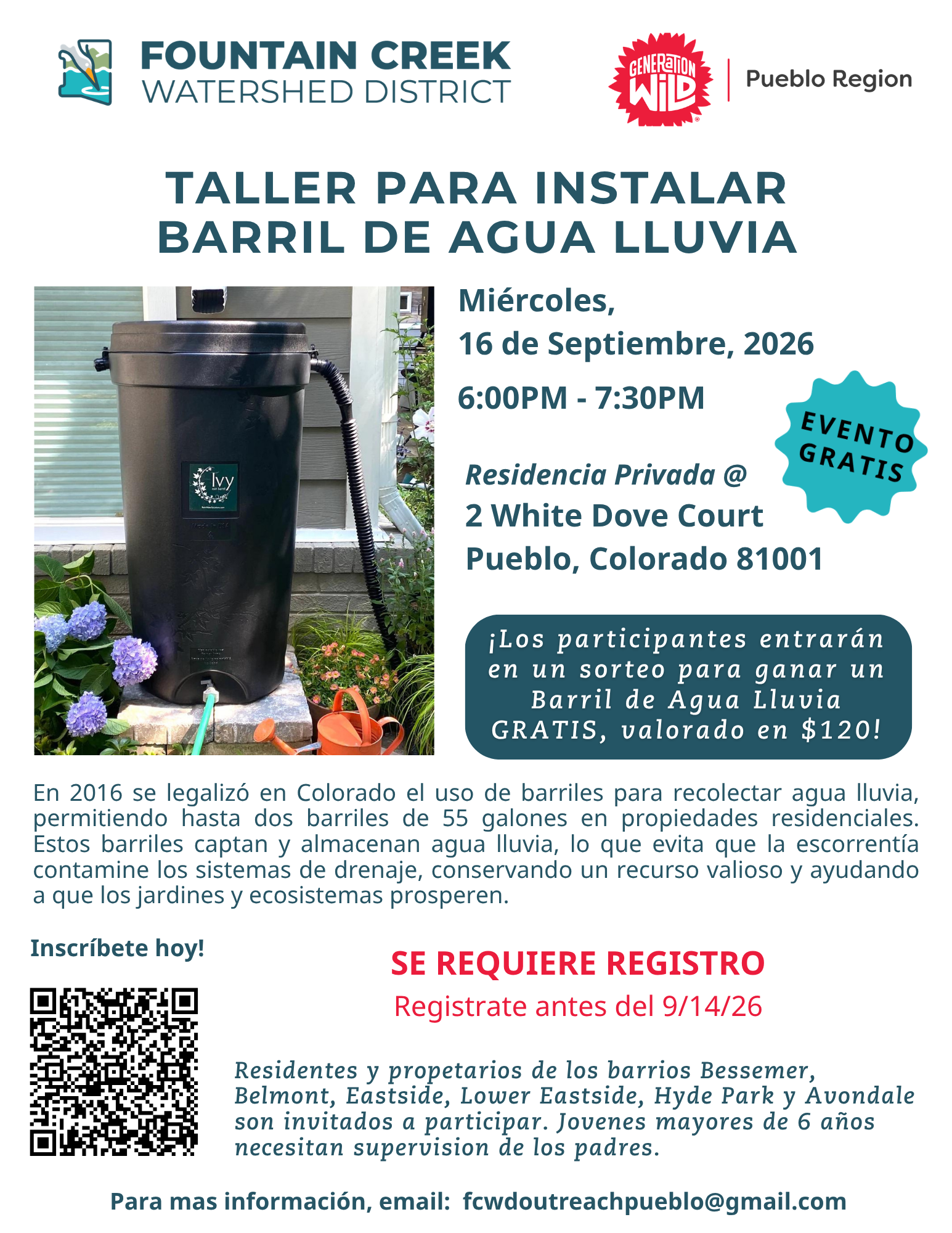 Free workshop on rain barrel installation, Sept 16, 2026, 6-7:30 PM in Pueblo, CO. Register by 9/14/26. Chance to win a rain barrel!