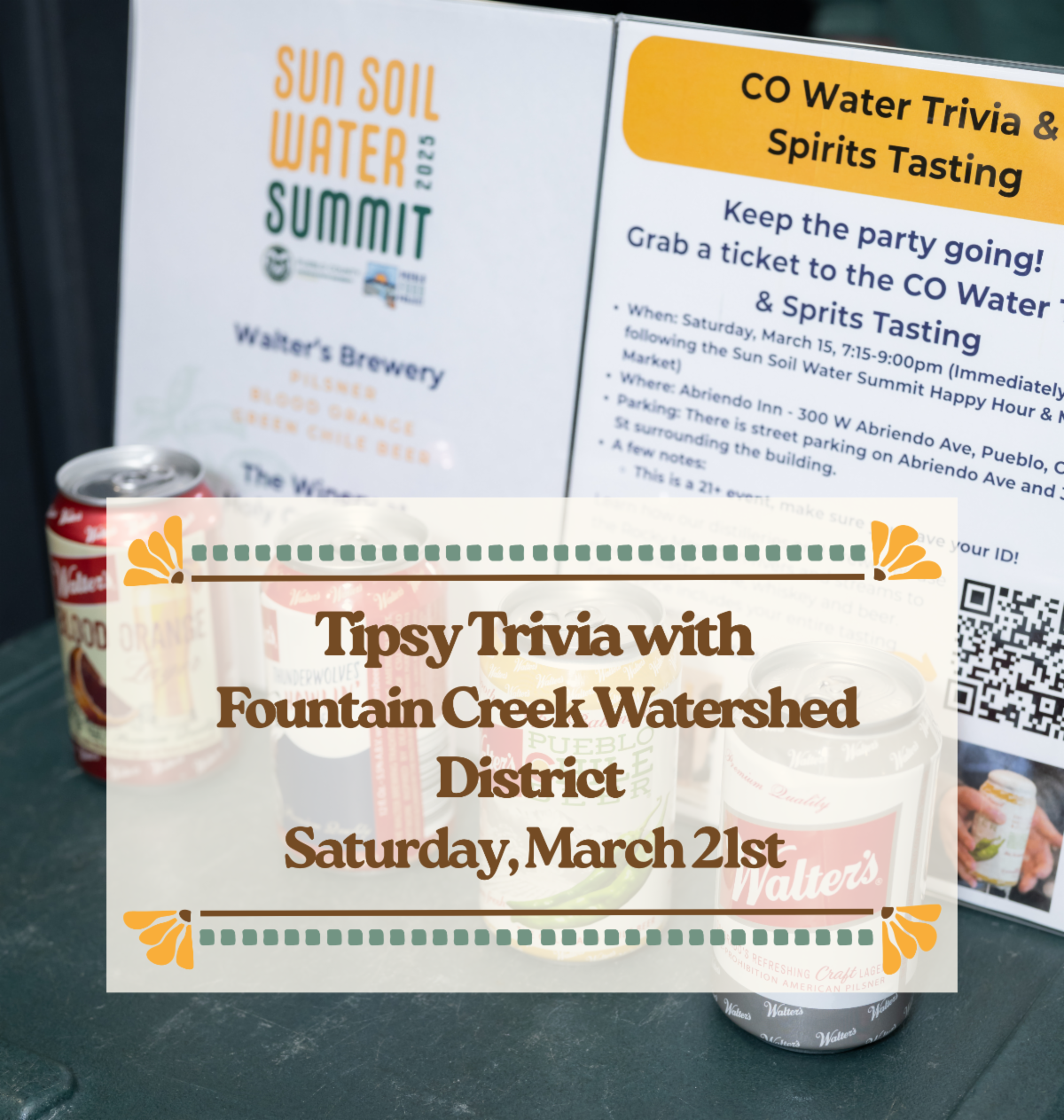 Event poster for "Tipsy Trivia" by Fountain Creek Watershed District on March 21, featuring info about location and drinks.