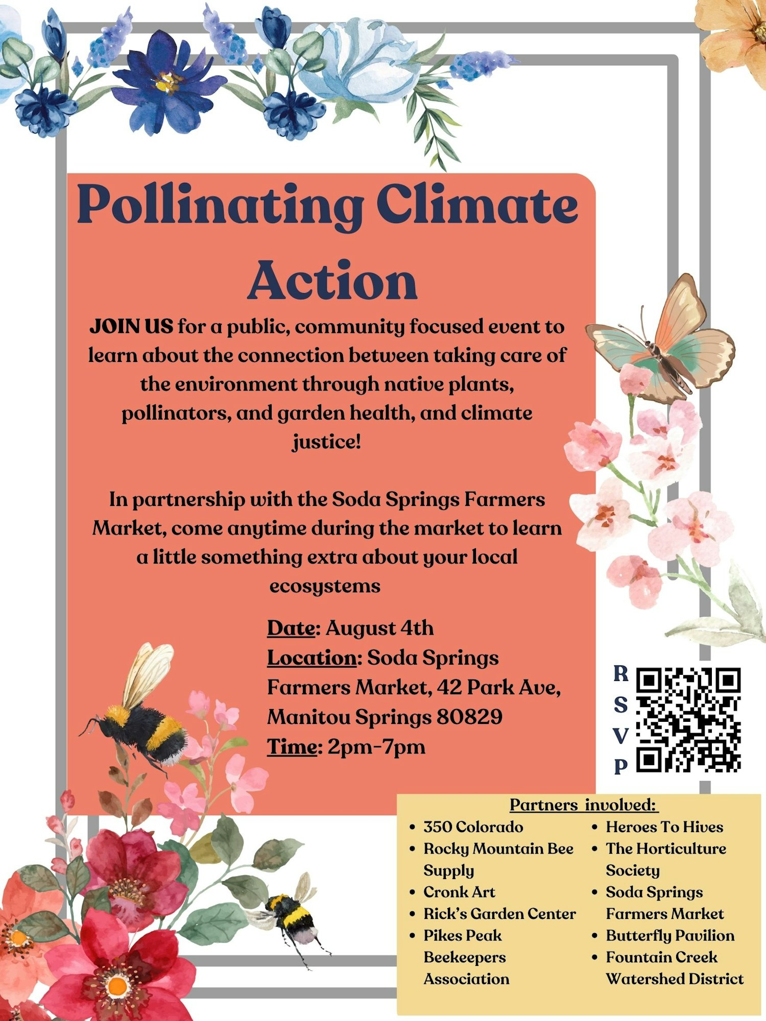 A flyer for a "Pollinating Climate Action" event, with details on date, location, time, and partners involved, decorated with floral and butterfly illustrations.