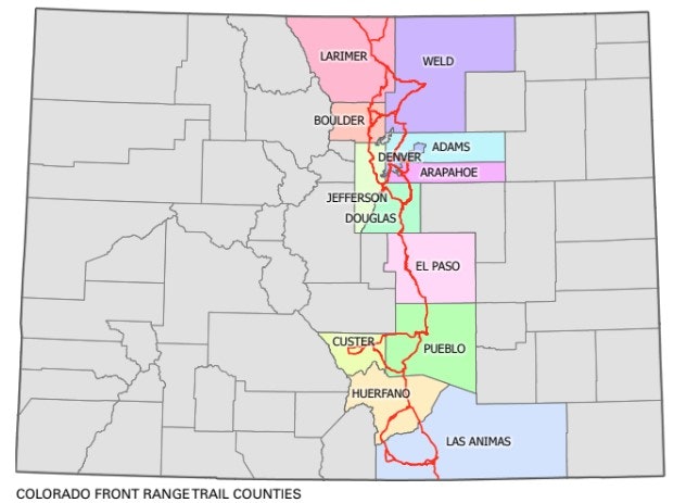 Map, Colorado Front Range Trail Counties