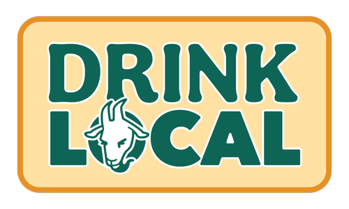 Text "DRINK LOCAL" with a goat image on a yellow background.