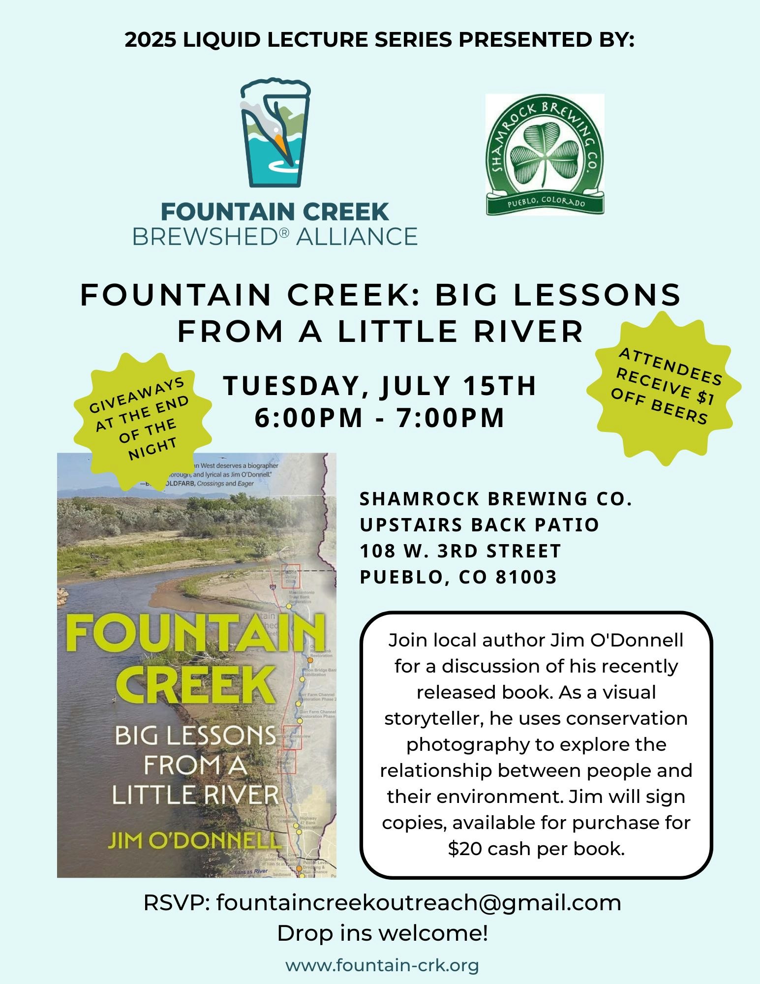 Lecture by Jim O'Donnell on conservation photography, July 15, 6-7 PM, Shamrock Brewing Co., Pueblo, CO. $1 off beers, book signing.
