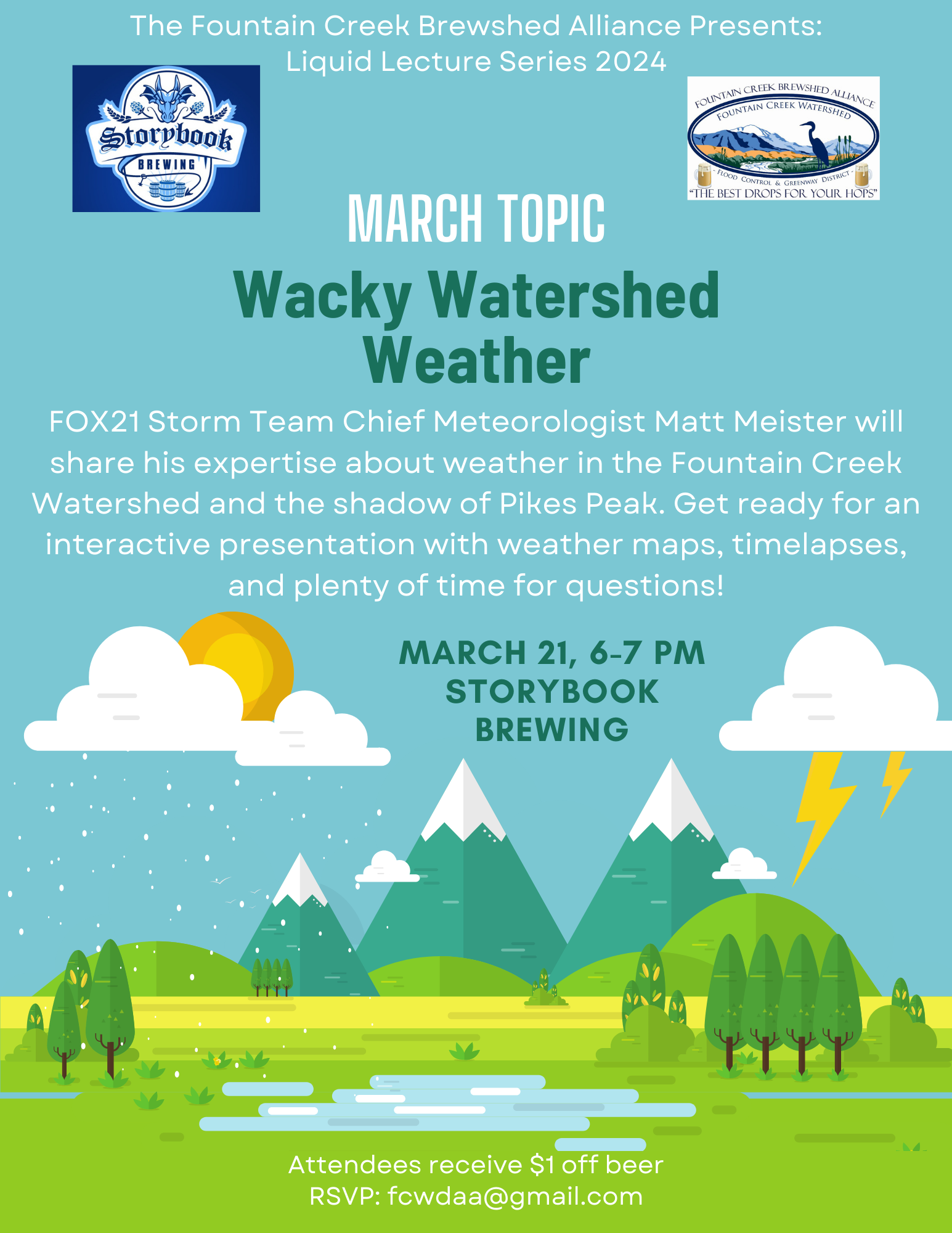 An event poster for a lecture on "Wacky Watershed Weather" at Storybook Brewing on March 21, with a graphic of a stylized landscape.
