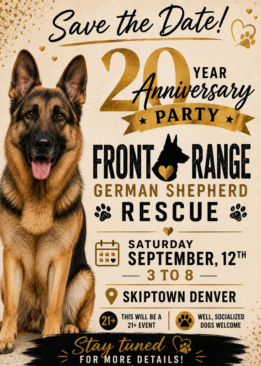 Save the date for Front Range German Shepherd Rescue's 20th Anniversary Party on September 12th, 3-8 PM at Skiptown Denver!