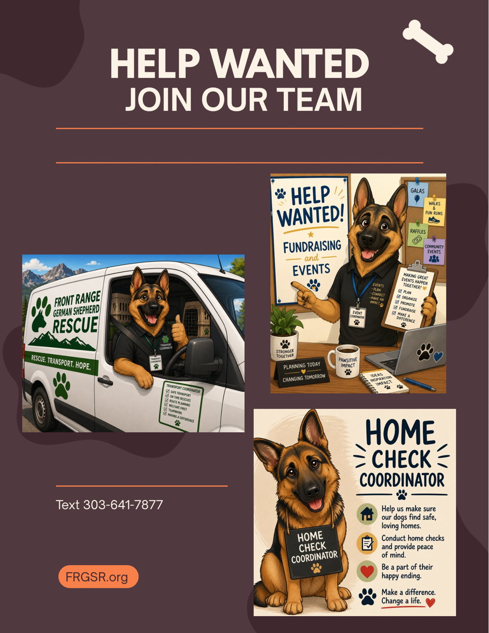 The image promotes volunteer opportunities for a German Shepherd rescue, highlighting fundraising and home check coordinator roles.
