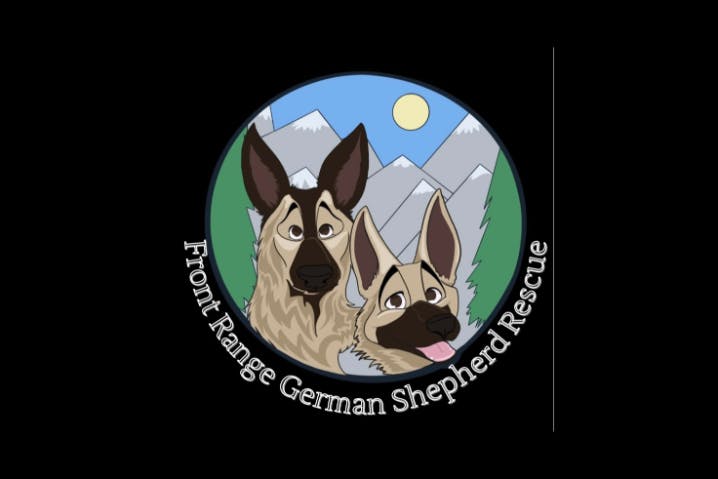 A logo with two German Shepherds, mountains in the background, and text "Front Range German Shepherd Rescue".