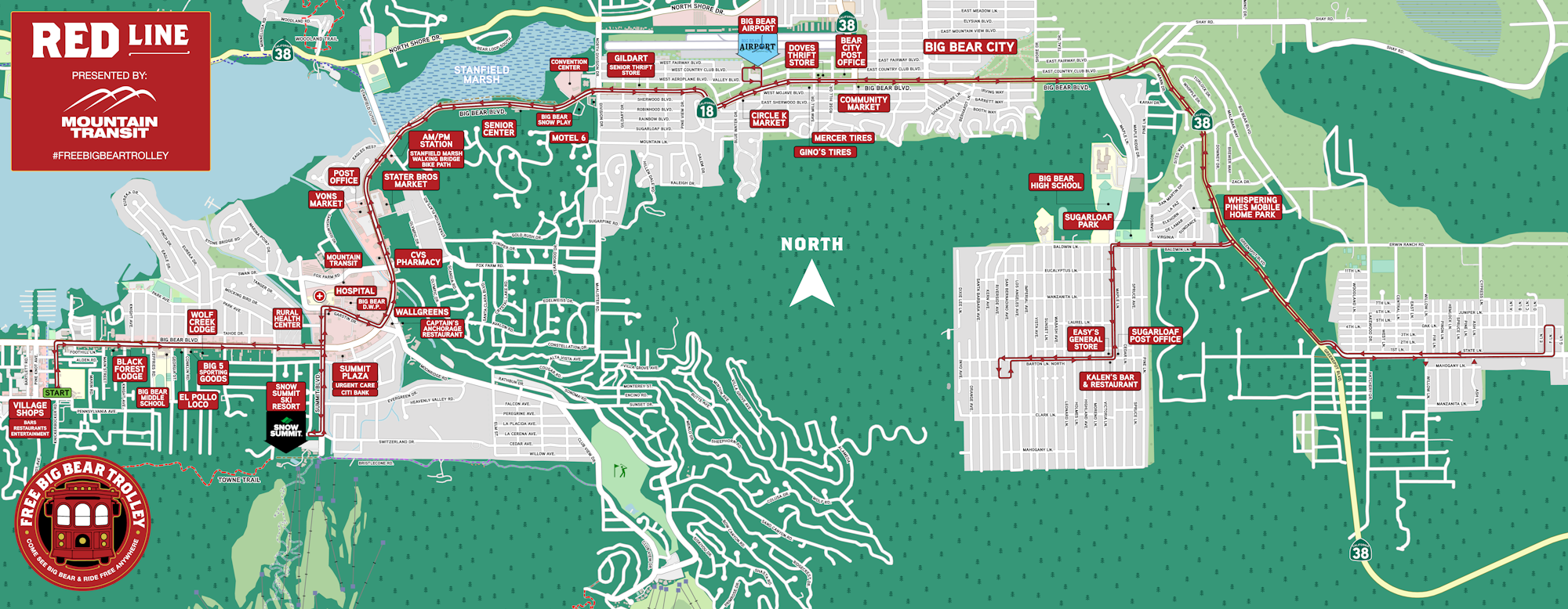Map of the Red Line's route by Mountain Transit for the Big Bear Trolley, showing various stops and landmarks.