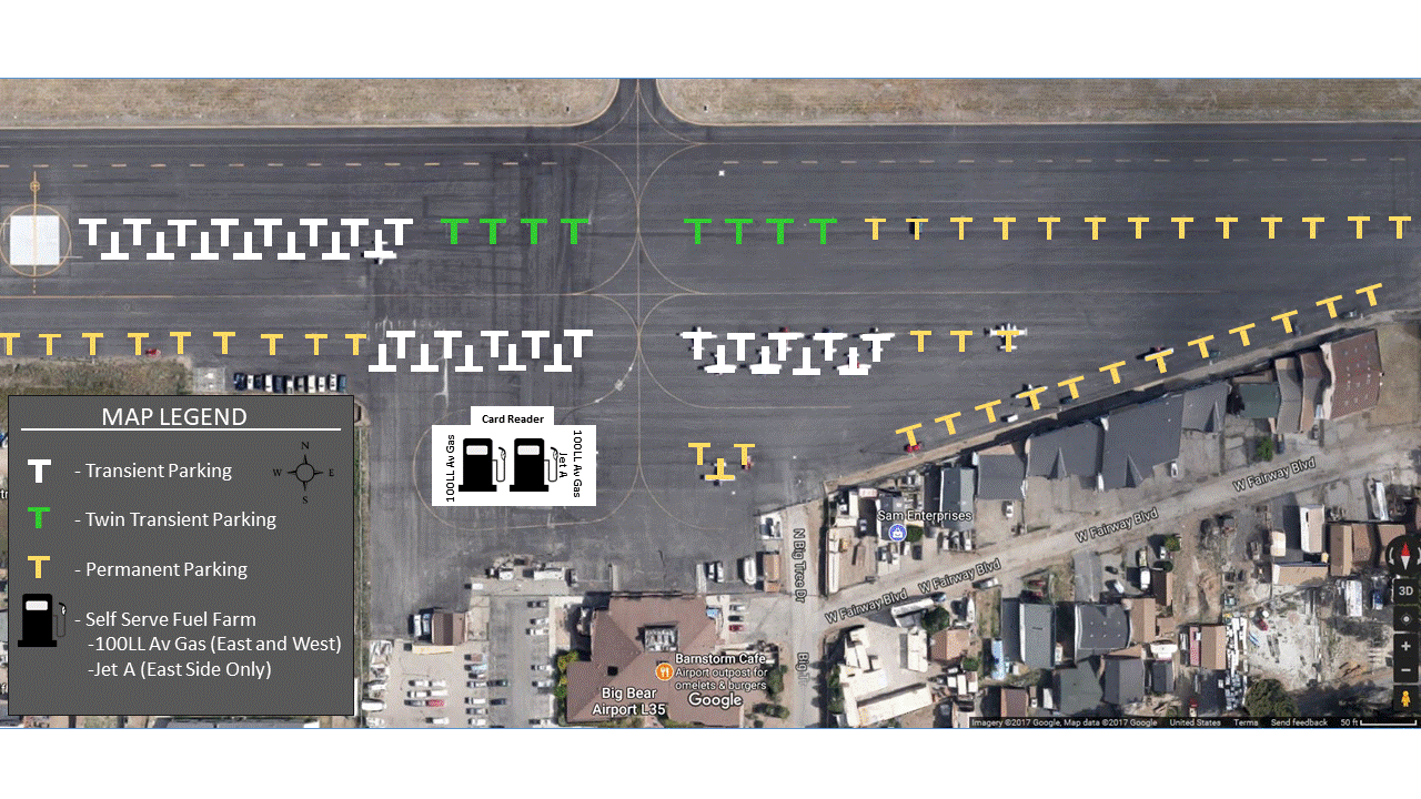 Aerial view of an airport parking map with transient, twin transient, and permanent parking zones, and a self-serve fuel farm.