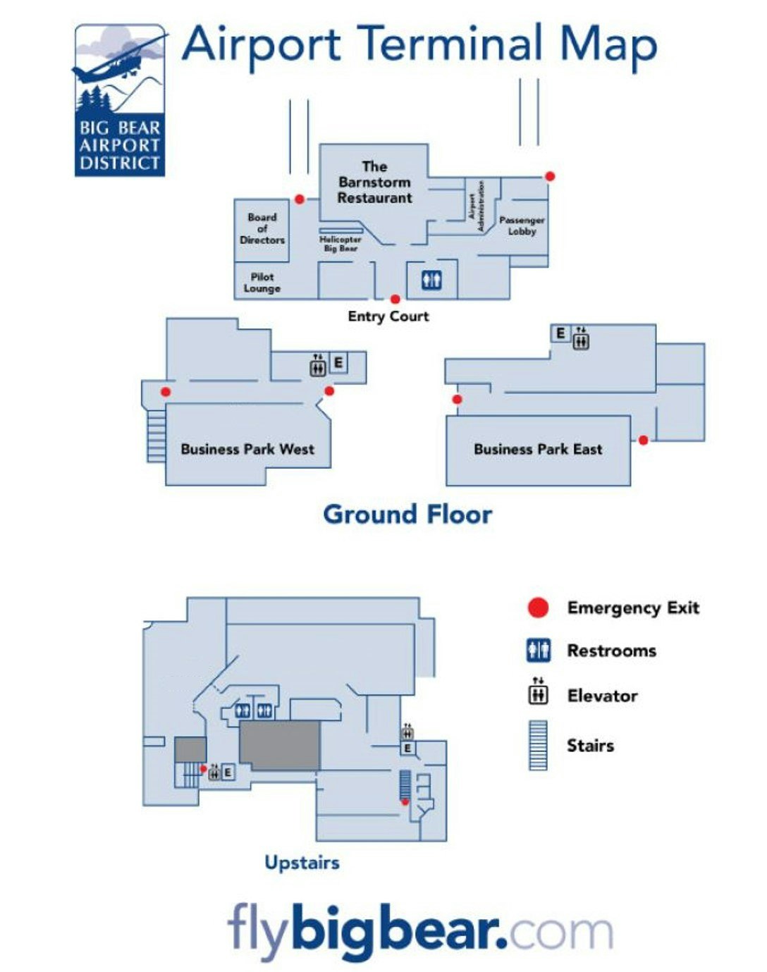 Big Bear Airport Terminal Map features The Barnstorm Restaurant, restrooms, emergency exits, elevators, and stairs on two floors.
