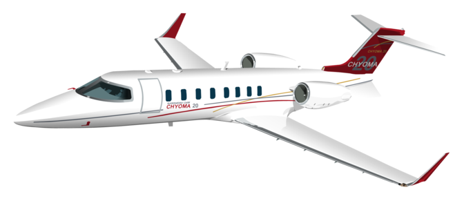 A white and red business jet in flight with "CHYOMA 20" written on the fuselage and tail.