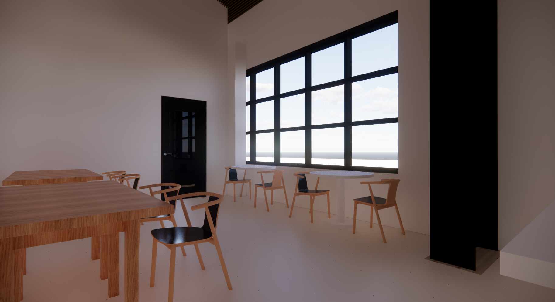 A minimalist room with wooden tables and chairs, large windows, and a dark door.