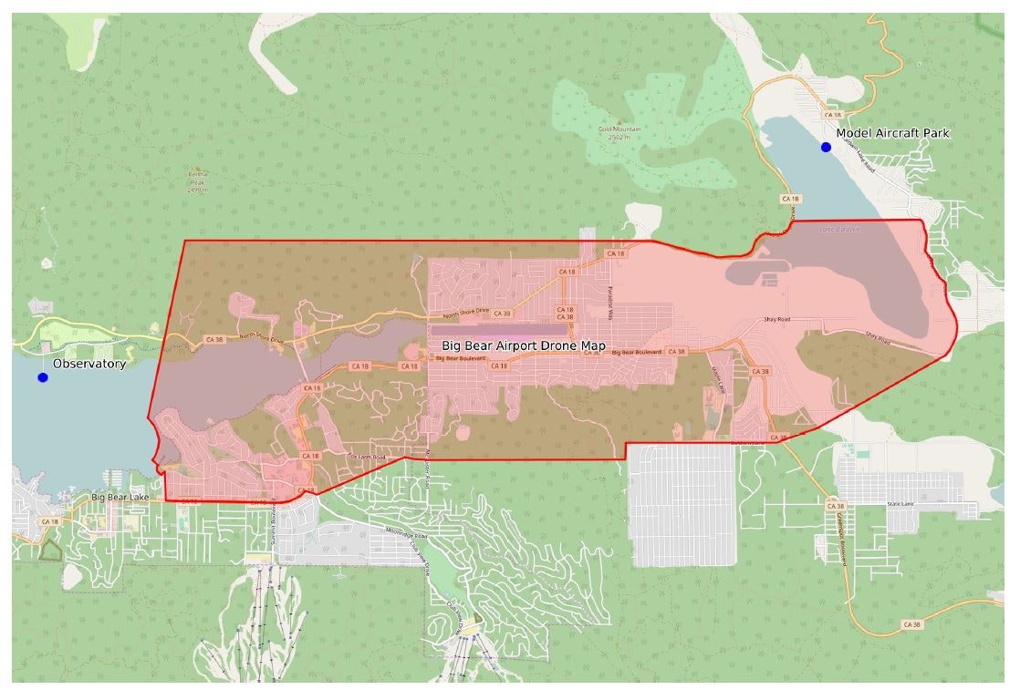 Map of Big Bear Airport's drone zone, marked in red; includes nearby points like an observatory and model aircraft park.