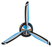 A stylized propeller design with three blades and blue accents.