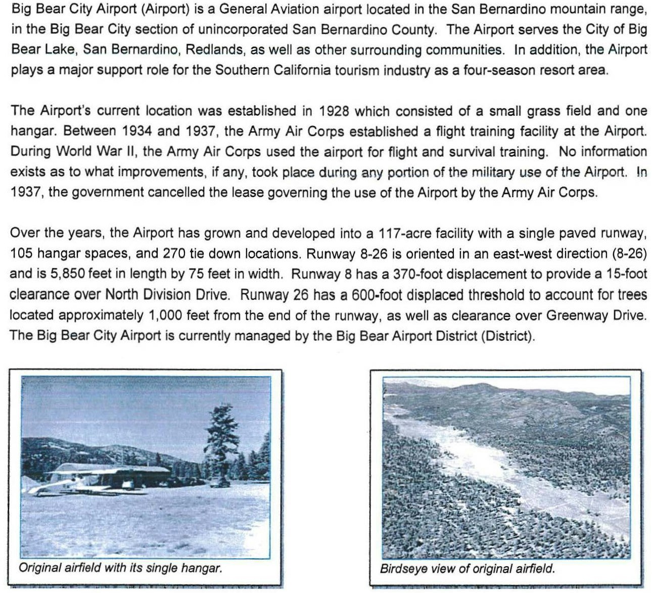 Text about Big Bear City Airport's history, features, and management, with two images of the original airfield.