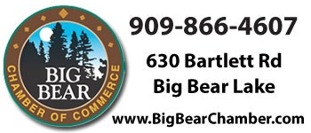 Big Bear Chamber of Commerce logo, contact info: 909-866-4607, 630 Bartlett Rd, Big Bear Lake, www.BigBearChamber.com.