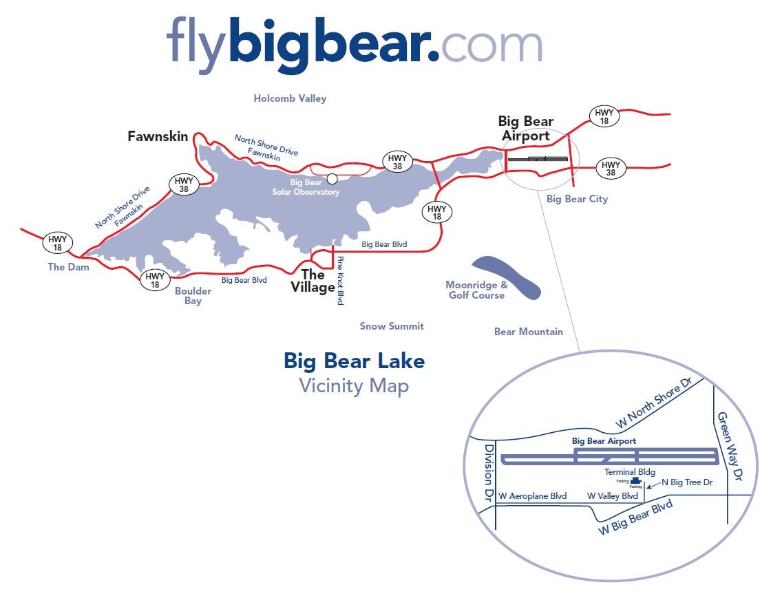 Map of Big Bear Lake area showing towns, highways, Big Bear Airport, and nearby attractions like Snow Summit and Bear Mountain.
