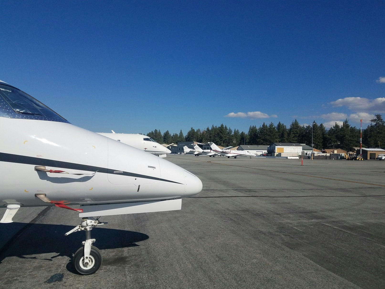 A row of parked private jets on an airport tarmac with clear blue skies and surrounding trees.
