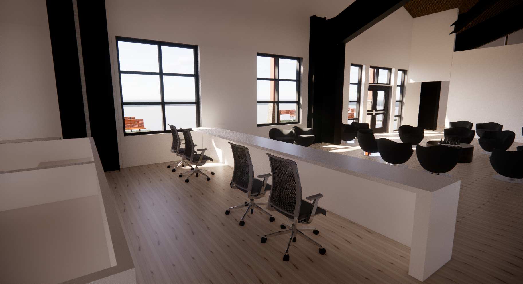 A modern office space with chairs, desks, large windows, and natural lighting.