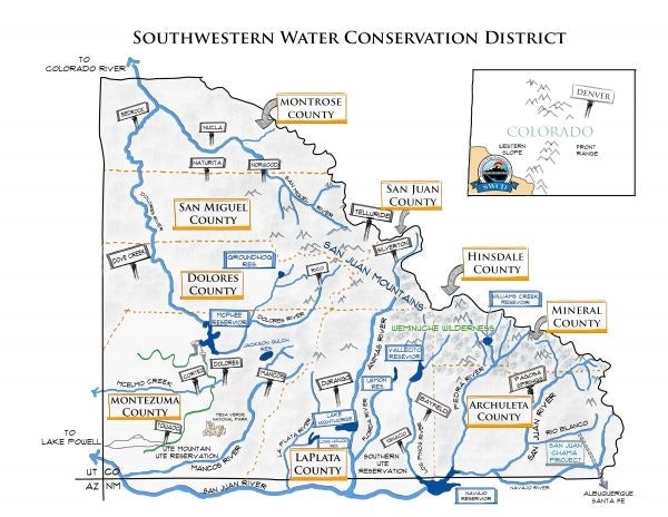 A map showing Southwestern Water Conservation District with county names, rivers, and boundaries in Colorado.