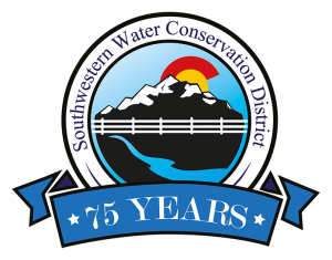 Logo of Southwestern Water Conservation District, featuring mountains, water, sun, and a banner celebrating 75 years.