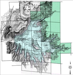 A conceptual art piece with map fragments, grid overlays, and sketches, blending geography with abstract elements.