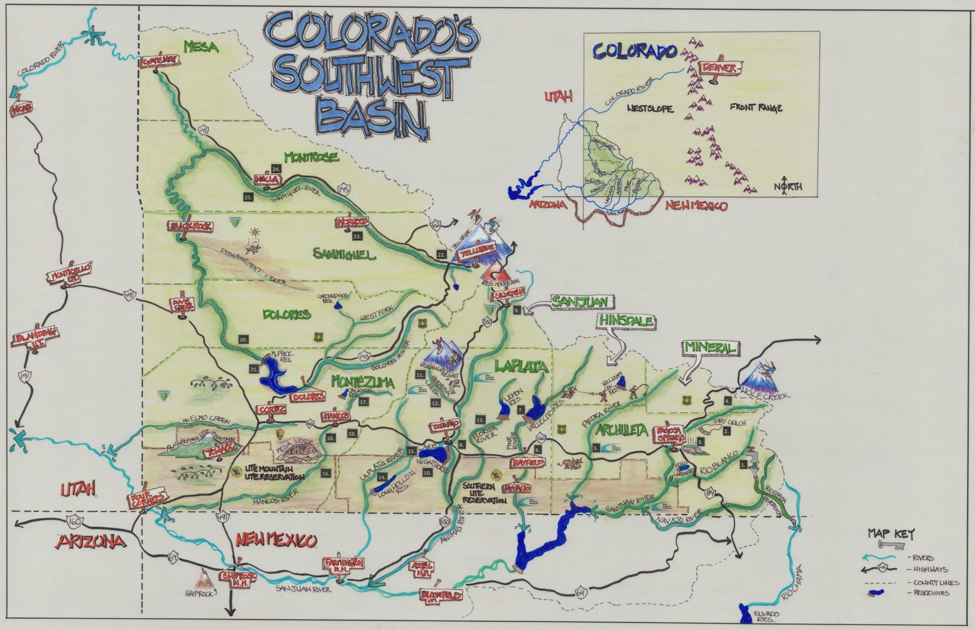 Illustrated map of Colorado's Southwest Basin with geographical features, roads, and rivers.