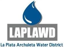 Logo of La Plata Archuleta Water District with a blue water droplet.