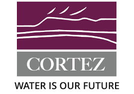 A logo with abstract waves above the text "CORTEZ WATER IS OUR FUTURE" in gray and purple tones.