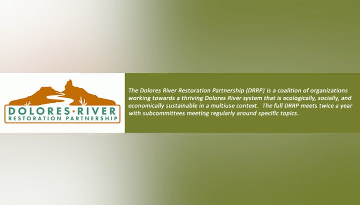 Logo and description of the Dolores River Restoration Partnership, focused on sustainable river system development.