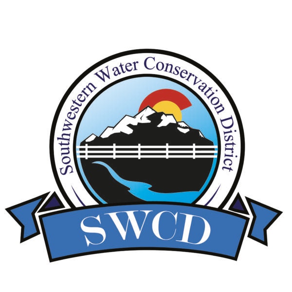 Logo with mountains, sun, water, and text "Southwestern Water Conservation District" and acronym "SWCD" on a blue banner.