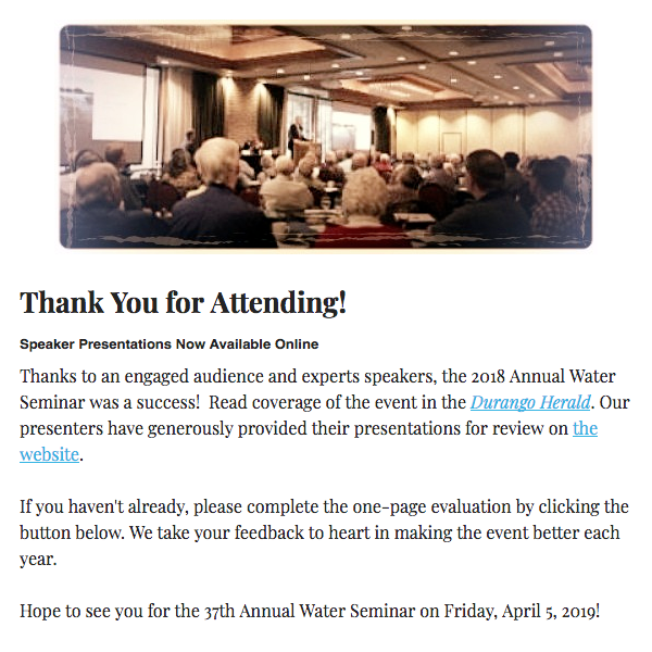 A thank-you message for attending a seminar, with a photo of an audience in a conference room.