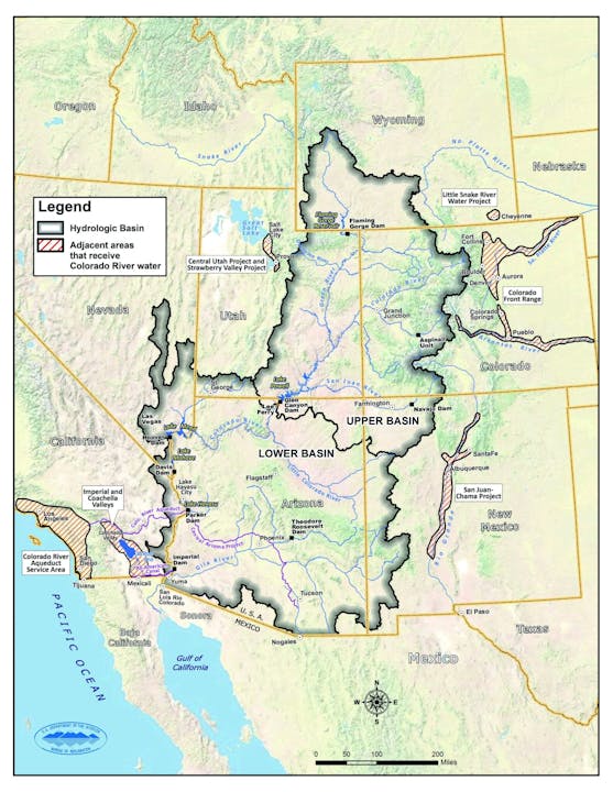 This image is a map showing the Colorado River Basin with key dams, projects, and state boundaries.