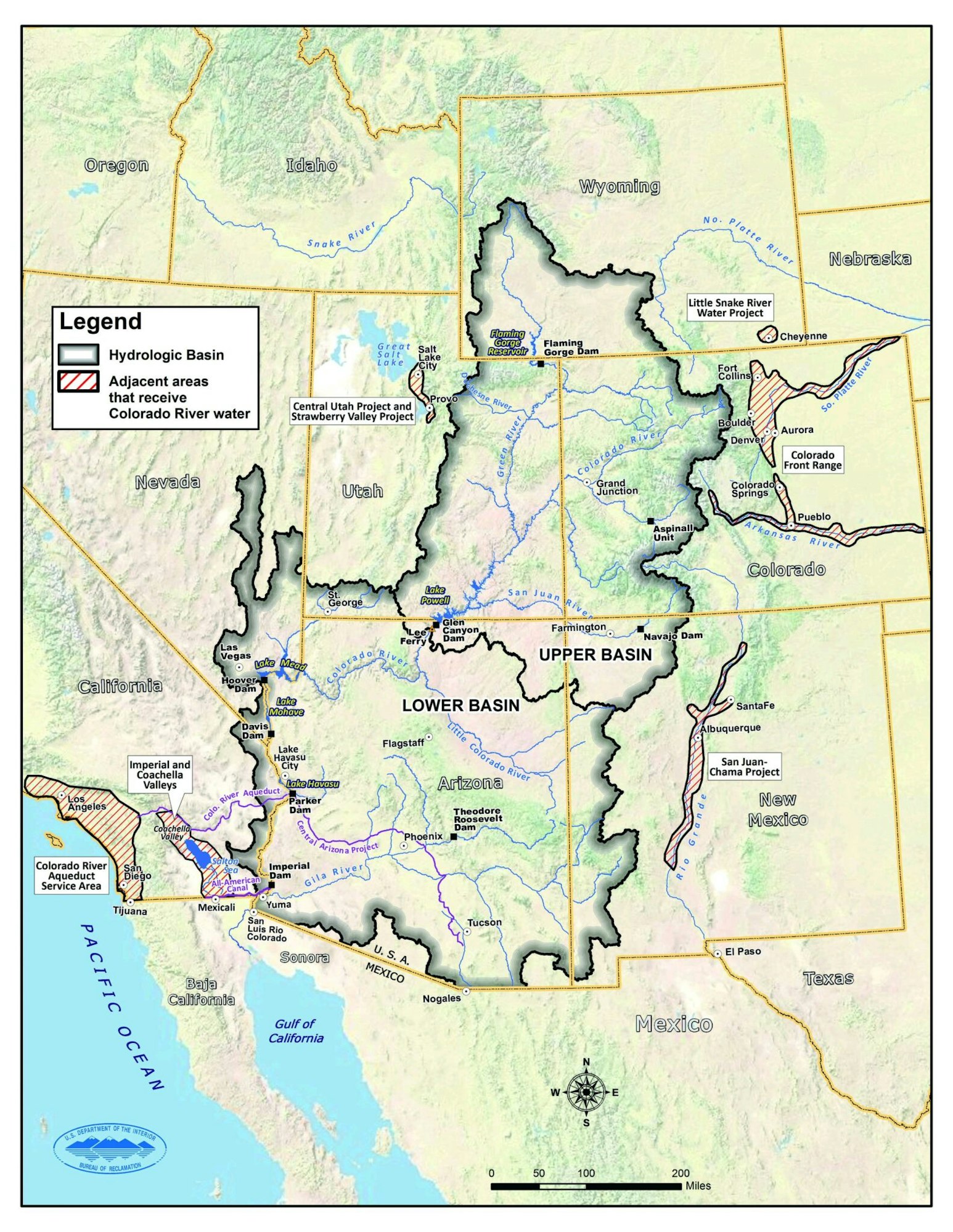 This image is a map showing the Colorado River Basin with key dams, projects, and state boundaries.