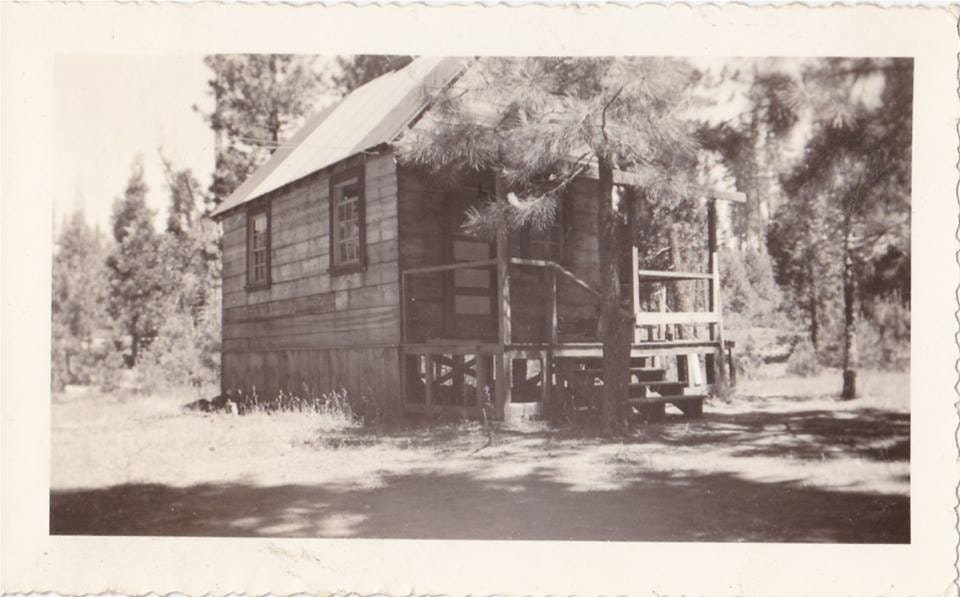 A rustic wooden cabin surrounded by trees, featuring a porch and steps, captured in a vintage black-and-white photo.