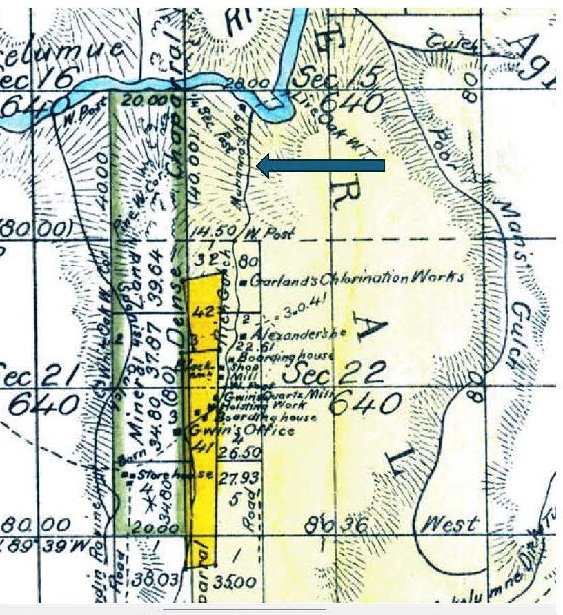 A detailed topographical map with sections, elevations, roads, and labels like "Garlands Chlorination Works" and "Gwin's Quartz Mill."