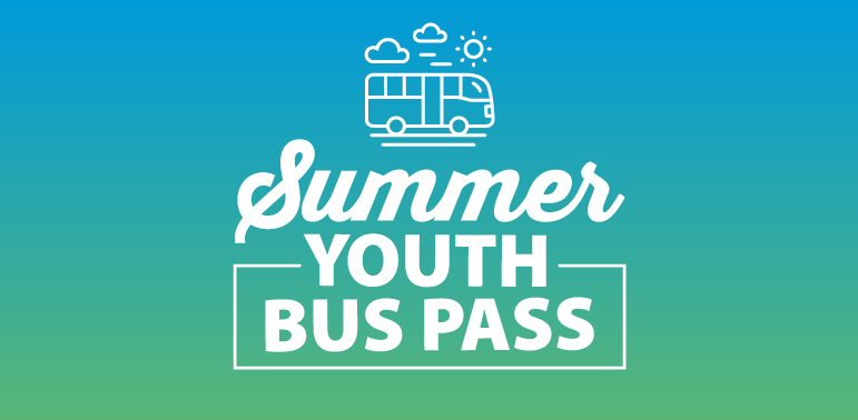"Summer Youth Bus Pass" with a bus and weather icons above against a blue-to-green gradient background.