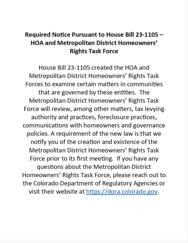 Notice about House Bill 23-1105 creating a task force for HOA and homeowners’ rights, addressing policies and practices.